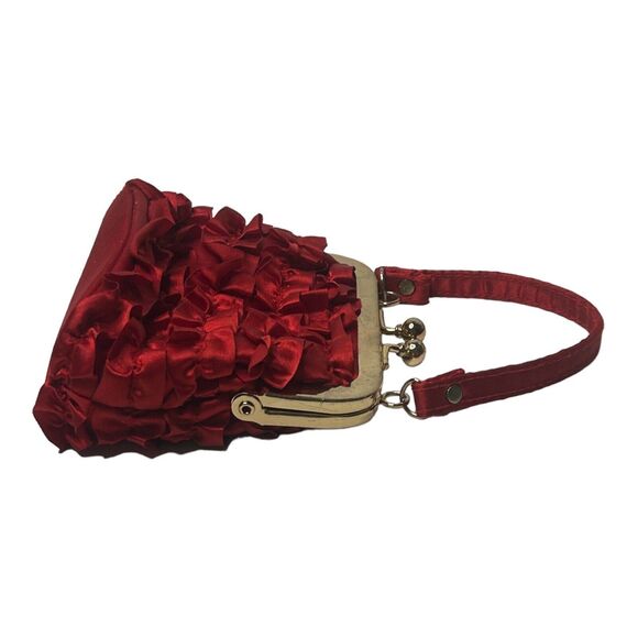 Red Ruffled Satiny Mini Purse Handbag 4”x4” Prom Party Holiday Polyester - Picture 5 of 12